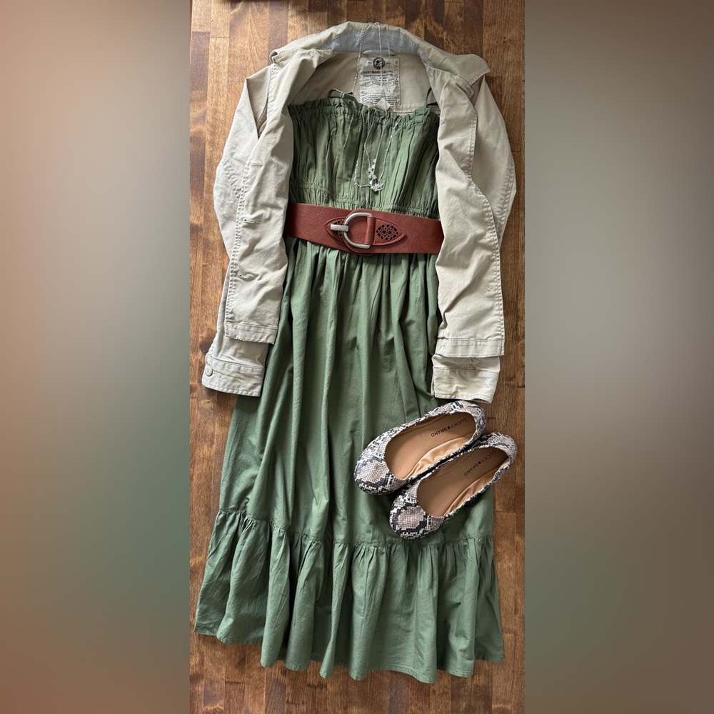 Dizzy Lizzie Olive Green Boho Midi Dress Ruched Bodice Size L NWOT - Picture 2 of 4